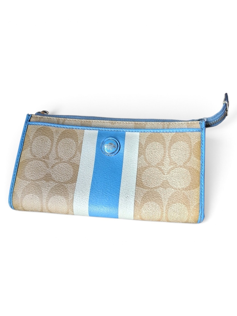 Coach Beige Signature Wristlet with Blue and White Stripe